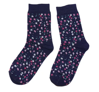 Productafbeelding van Damen basic sokken van katoen met bloemenmotieven, marineblauw, zomercollectie, maat 39-42