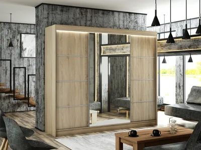 Image de Armoire Padwa 250 cm avec 3 portes coulissantes et miroir, tringle à vêtements, penderie, armoire, livraison à domicile (couleur : chêne sonoma et façade chêne sonoma)