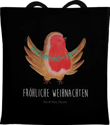 Produktbild von Mr. & Mrs. Panda Tote Bag Rotkehlchen Weihnachten - Schwarz - Geschenk, Heiligabend, Weihnachtsgruß, Tragetasche, Frohe, Jutetasche, Tasche, Laptoptasche, Schultasche