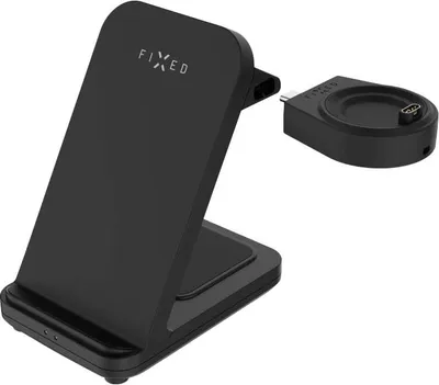 A black wireless charging stand and a separate charging puck are shown against a white background.