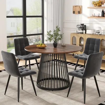 Image de Flieks Ensemble de salle à manger, table avec 4 chaises, table ronde 80x80x76 cm, chaises rembourrées avec assise en velours, noir + gris
