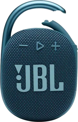 A close-up studio shot of a blue JBL Clip 4 Bluetooth speaker with its carabiner clip.