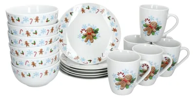 Zdjęcie produktu dla 18szt zestaw śniadaniowy Candyman porcelana 6szt talerze kubki miski Boże Narodzenie lodowy niebieski
