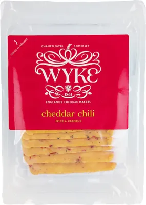 Produktbild von Food-United leicht scharfer YELLOW-CHEDDAR Cheese 160g in Scheiben mit Chili Cheddarkäse von WYKE-FARMS der englischer Hartkäse passt zu Burgern, Wraps, Toasties, Käseplatten, Saucen und Gratins