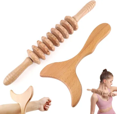 Image de 2 outils de massage thérapeutique en bois 2-en-1, kit de maderothérapie en bois naturel, kits de rouleaux de massage pour le drainage lymphatique