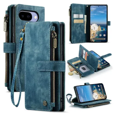 Image de Étui en cuir pour Google Pixel 10A, étui en cuirPolyuréthaneavec fermeture à glissière, fermeture magnétique, poche pour cartes, support, étui portefeuille bleu