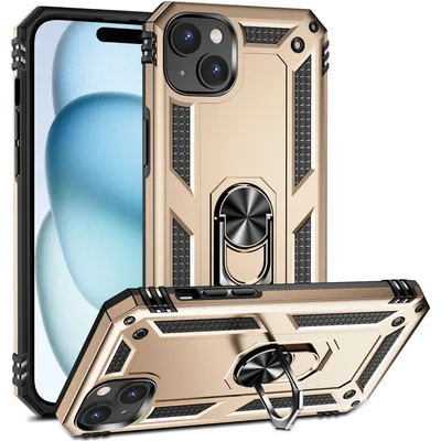 Obrázek produktu pro Pouzdro pro iPhone 15 dvouvrstvé robustní, vojenská ochrana pouzdro s držákem prstenu a stojánkem Zlato