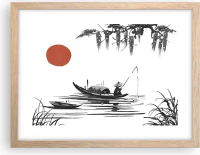 Produktbild von Gerahmtes Poster - Rahmen in heller Eiche - China Angler Zeichnen - 40x30 cm - Wand Bild - Wanddeko - Wandbilder - Wandposter - Bilderrahmen - Bilder - Kunstdruck - Wandbild - P2NAA40x30-4340
