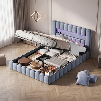 Produktbild von INONEFT Polsterbett 180x200, Doppelbett Bubble Bett mit LED und USB Ladefunktion Kopfteil, Boxspringbett mit hydraulisches Bettkasten, Samt, Grau