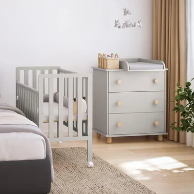 Produktbild von ZEE BAMBI Kaschmir Set Beistellbett Baby mit Rollen + Wickelkommode 3-fach höhenverstellbar Kinder Bett mit Absenkbarer Seite Gitterbett & Kommode
