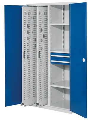 Produktbild von Schwerlastschrank, Vollblechtüren, 2 Vertikalauszüge, 3 Fachböden, 2 Schubl. BxTxH 1000x600x1950 mm, RAL 7035/5010
