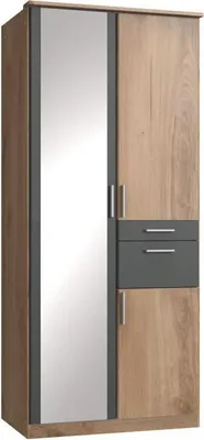 Image de Armoire VOLOS,Reproduction Chêne & Graphite, 3 Portes Battantes, Miroir, 2 Tiroirs, 90 x 58 x 199 cm
