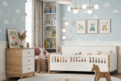 Productafbeelding van Scandinavische kinderkamer set met bed en brede commode