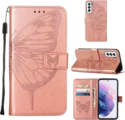 Produktbild von Galaxy S22 Hülle, Schmetterling Prägung Flip Leder Kartenfächer Schutzhülle Ledertasche mit Ständer für Samsung Galaxy S22 Roségold
