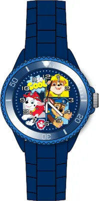A children's analog watch with Paw Patrol characters on the dial.