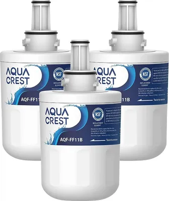 Three white water filters are arranged in a staggered formation against a white background.
