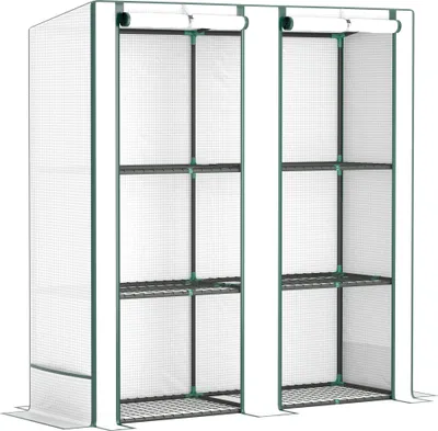 Immagine prodotto di Serra con tetto a una falda, doppia porta, ripiani, resistente all'inverno; serra in acciaio con copertura in plastica, serra per balcone, giardino, serra per pomodori 144 x 48 x 152 cm