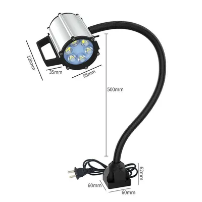 A product shot of a CNC machine lamp with dimensions indicated.