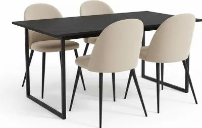 Produktbild von Tilst Essgruppe Tisch schwarz Marmor Print 90x160 4 Stühlen Velour beige.