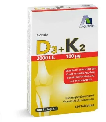 Produktbild von Avitale 2000 I.E. Vitamin D3 + K2 Tabletten unterstützt den Erhalt normaler Knochen, 120 St. Tabletten