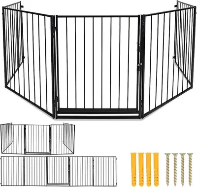 Produktbild von Kaminschutzgitter mit Tür Metall 304 cm | Kamingitter Absperrgitter faltbar | Tierschutzgitter | Türschutzgitter für Kinder-Sicherung | 5-teilig Elemente (je 60 x 76 cm) Schwarz
