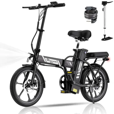 A black folding electric bicycle is shown against a white background, with accessories like a lock and pump displayed separately.