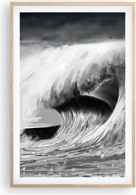 Produktbild von Gerahmtes Poster - Rahmen in heller Eiche - Welle Zeichnung Schwarzweiß - 61x91,5 cm - Wand Bild - Wanddeko - Wandbilder - Wandposter - Bilderrahmen - Bilder - Kunstdruck - Wandbild - P2NPA61x91-4264