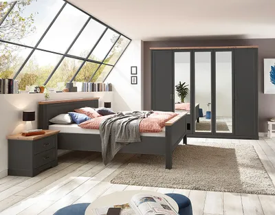 Produktbild von Schlafzimmer Set 4-teilig Bett 180x200cm Graphit mit Eiche JÜLICH-77