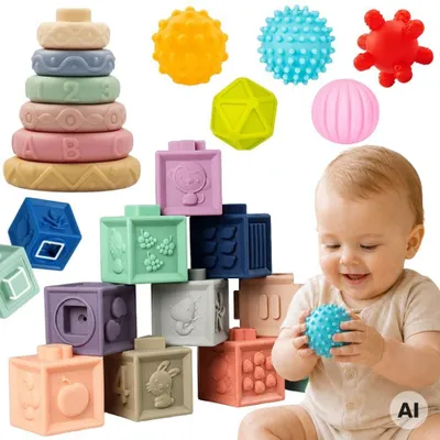 Obrázok produktu pre WOOPIE BABY Mäkké senzorické kocky a hryzátka, 23 kusov.