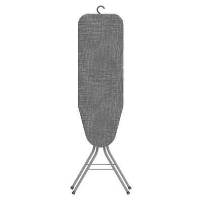 A grey ironing board with a patterned cover and a hanging hook, standing on its legs.