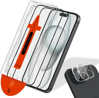 Zdjęcie produktu dla 2-Pack Iphone 15 Ochrona Ekranu & 2-Pack Ochrona Aparatu - Hartowane Szkło | [Automatyczna Instalacja] - Bez Pęcherzyków
