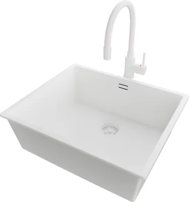 Produktbild von PRIMAGRAN Granitspüle Alles Weiß 56x47cm, Spülbecken 1 Becken + Küchenarmatur 38x14cm + Ablauf-Set, Küchenspüle ab 60er Unterschrank - London Slim