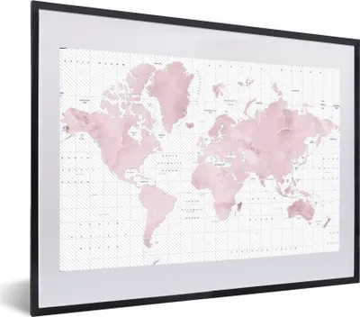 Produktbild von MuchoWow® MuchoWow® Gerahmtes Poster Weltkarte - Rosa - Marmor 60x40 cm - Poster mit zchwarzem Bilderrahmen - Schlafzimmer - Plakat in Rahmen - Drucken