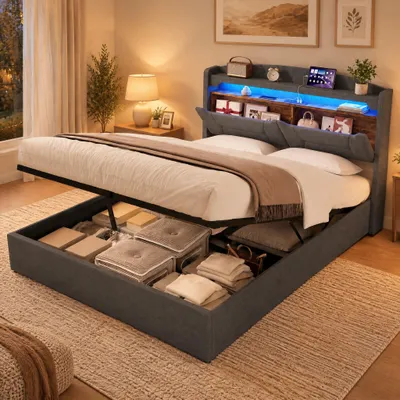 Zdjęcie produktu dla Łóżko platformowe INONEFT 140x200 cm z podświetleniem LED i ładowarką USB, łóżko z pojemnikiem na pościel, hydrauliczne łóżko tapicerowane z pojemnikiem/materacem sprężynowym, len, kolor szary