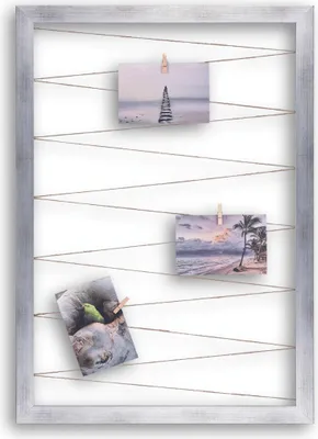 Produktbild von Fotohalter Pinnwand Fotorahmen (Hochformat) mit Juteband 20 Holzklammern Bilderrahmen inklusive CLAMARO Collage Flex, Flex Farbe:Silber, Quer/Hochformat Größe:45x65cm (Hochformat)