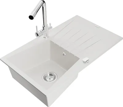 Image de Mexen Évier en granit Cesar 1 bac avec égouttoir et mélangeur Duero, blanc - 6514-20-671600-00