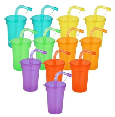 Obrázek produktu pro Plastové kelímky na párty s víkem a brčky, 12 kusů, objem 380 ml, neonové barvy