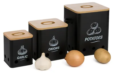 Image de Boîte de conservation Relaxdays pour pommes de terre, oignons et ail, lot de 3, perforée, en métal, avec couvercle en bambou, noir/naturel