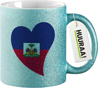 Produktbild von Huuraa Glitzertasse Haiti Flagge Herz 330ml Blau Keramik Kaffeebecher Geschenkidee