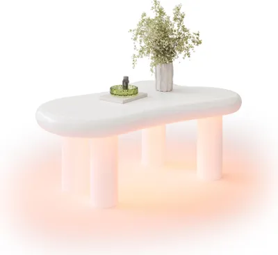 Obrázek produktu pro Bílý konferenční stolek Sweiko ve tvaru mraku z MDF s 16barevným LED osvětlením a zásuvkou - moderní stolek do obývacího pokoje s úložným prostorem