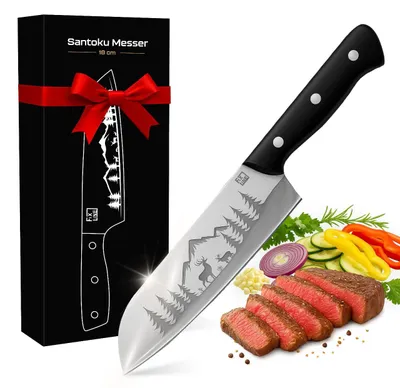 Produktbild von FIXLINE® Santoku Messer 18cm Black Forest Edition – Profi-Küchenmesser, rostfrei, schwarzer Holzgriff, mit Geschenkverpackung