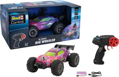 A boxed RC car, the car itself, and its remote control are displayed against a white background.