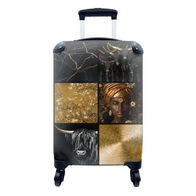 Produktbild von MuchoWow® Koffer Handgepäck Trolley Rollkoffer Kleine Reisekoffer mit 4 Rollen - Collage - Gold - Tiere - Frau - Cabin Size < 55x40x23 cm & 55x40x20 cm - Fotokoffer - Kabinenkoffer - Boardgepäck - Reise-Box - Reisekoffer - Reisegepäck - Koffer mit Bild - Trolley für Kinder