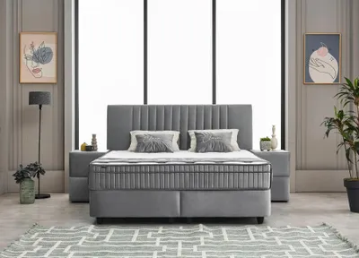 Produktbild von Boxspringbett Clara 160 x 200 cm mit 2 Nachtkonsolen Grau Voll-orthopädisches Komfortbett mit Bettkasten, inkl. Lieferung und Montage