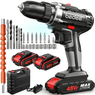A cordless drill set with accessories, batteries, and a case, displayed on a white background.