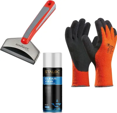 Produktbild von vasalat Scheibenenteiser Enteiserspray Auto 400ml + 2x Eiskratzer + Arbeitshandschuhe Winter Gr.10