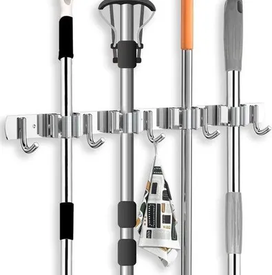 Produktbild von Famanu Halter für Besen und Werkzeuge - Selbstklebend, Edelstahl, mit 4 Haltern und 5 Haken