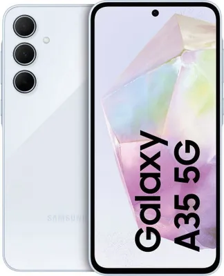 A white Samsung Galaxy A35 5G smartphone is shown from the front and back.