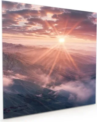 Produktbild von Küchenrückwand Spritzschutz Glas mit Motiv Sonnenaufgang Berge 40 x 40 cm