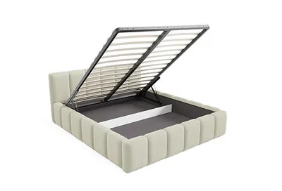 A bed frame with the mattress support mechanism open, revealing storage space underneath.